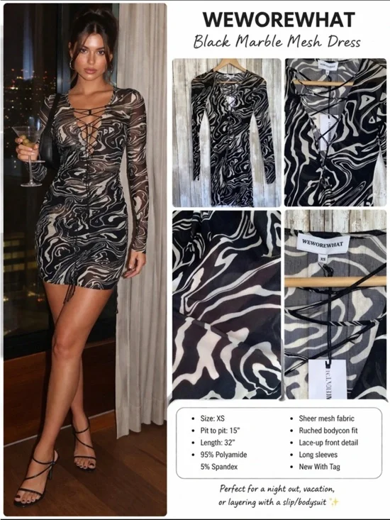 WeWoreWhat Black Marble Mesh Dress Ruched Bodycon Sheer Long Sleeve XS NWT - Picture 3 of 8